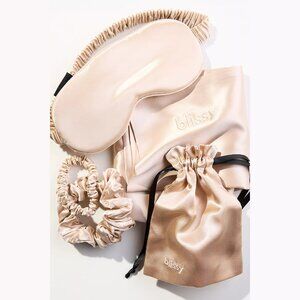 NEW Blissy Queen Silk Pillowcase, Eye Mask, Scrunchie Dream Gift Set - Champagne